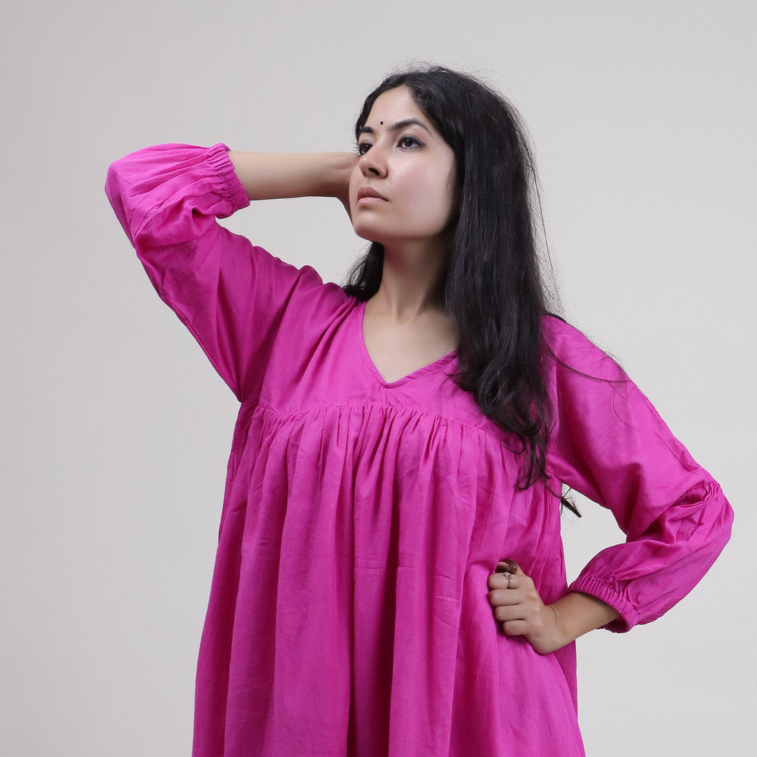 Solid V Neck Hand Dyed Cotton Midi Dress For Women&