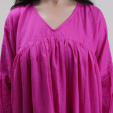 Solid V Neck Hand Dyed Cotton Midi Dress For Women&