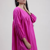 Solid V Neck Hand Dyed Cotton Midi Dress For Women&