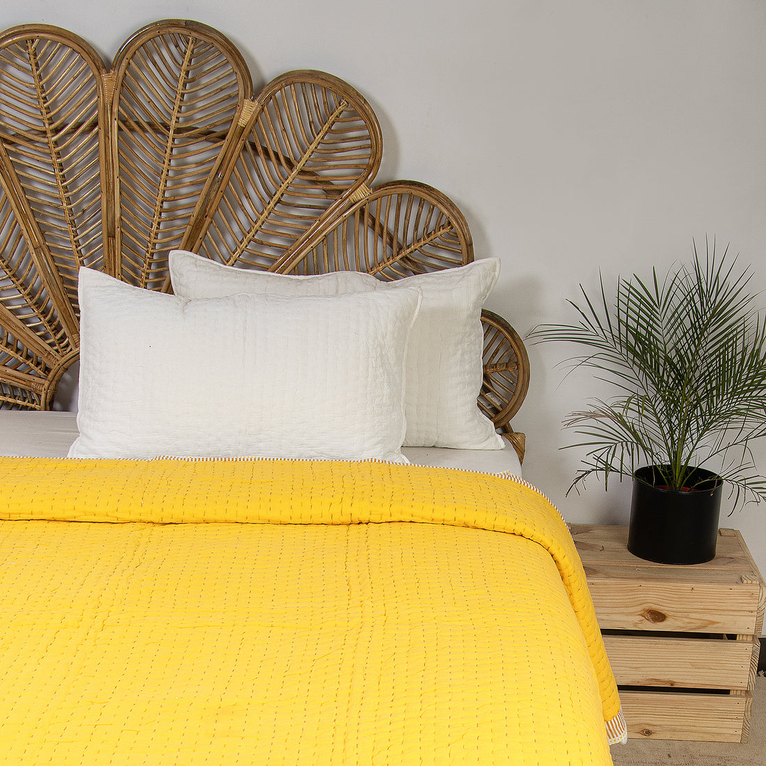 Solid Yellow Hand Stitched Reversible Kantha Quitl Blanket