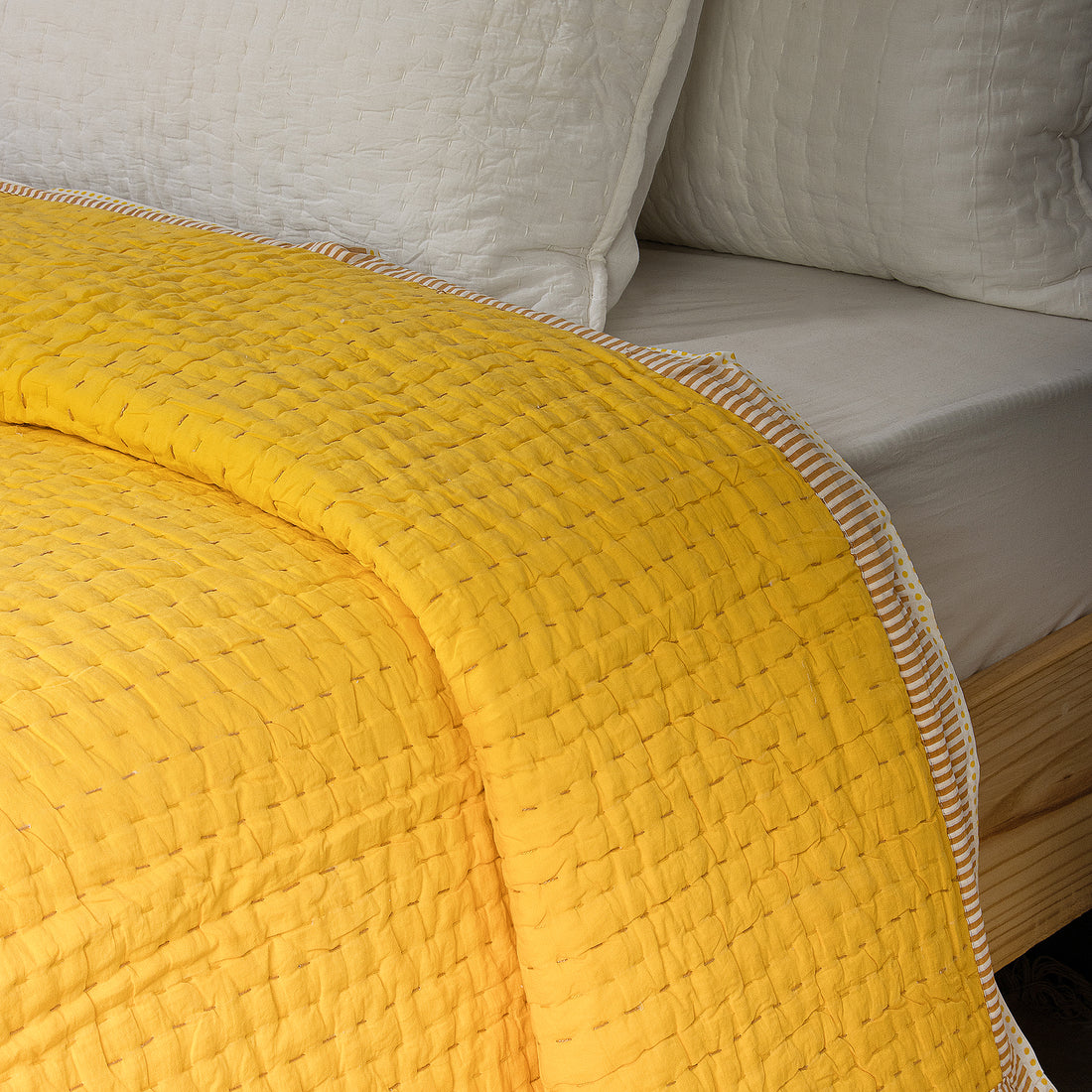 Solid Yellow Hand Stitched Reversible Kantha Quitl Blanket