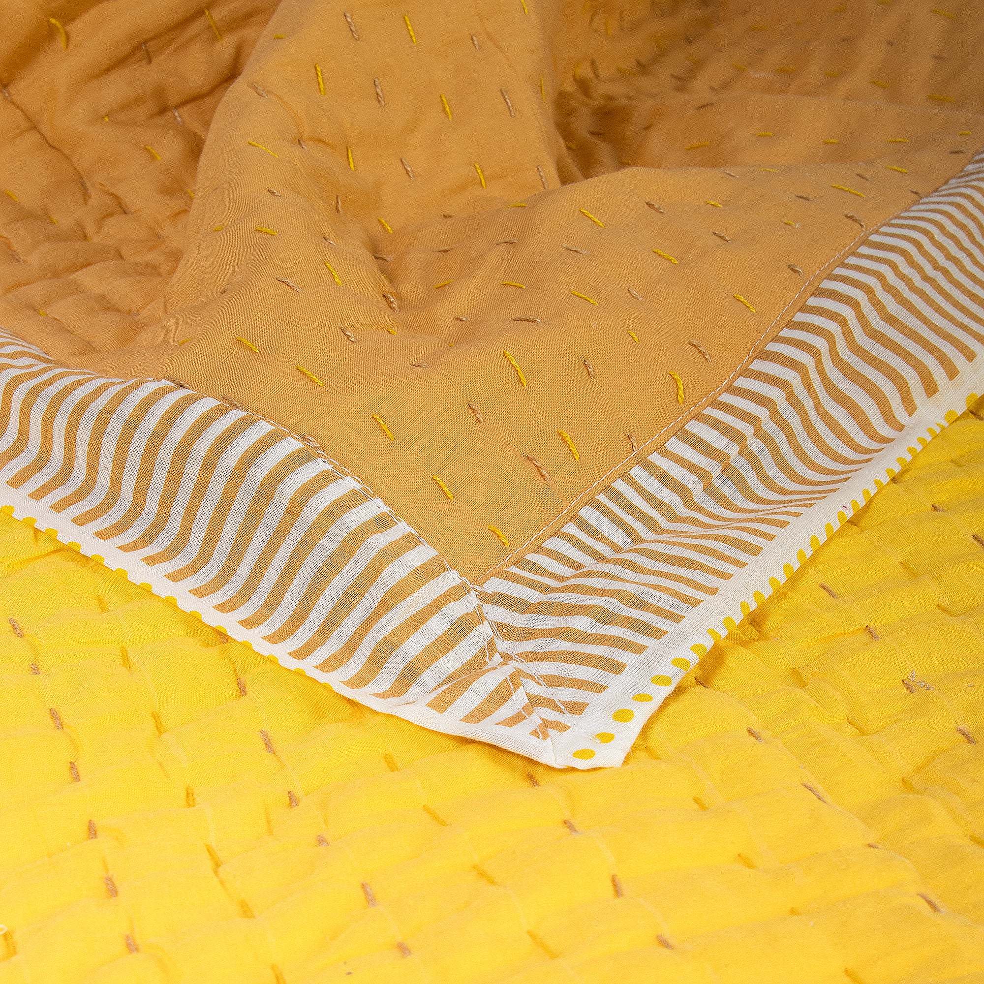 Solid Yellow Hand Stitched Reversible Kantha Quitl Blanket