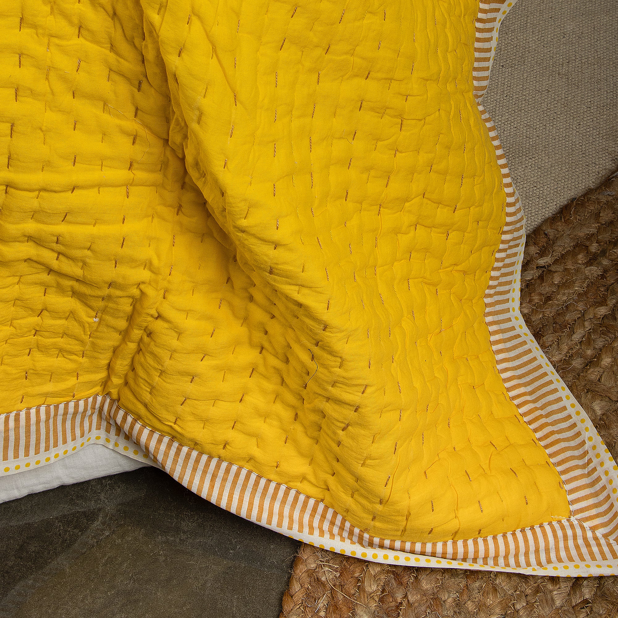 Solid Yellow Hand Stitched Reversible Kantha Quitl Blanket
