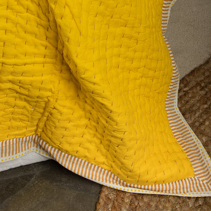 Solid Yellow Hand Stitched Reversible Kantha Quitl Blanket