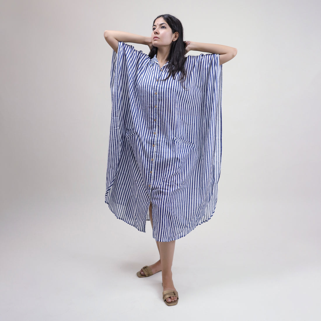 Striped Cotton Blue Kaftan Dress For Ladies
