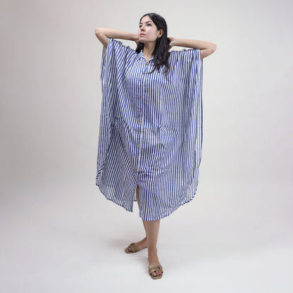 Striped Cotton Blue Kaftan Dress For Ladies