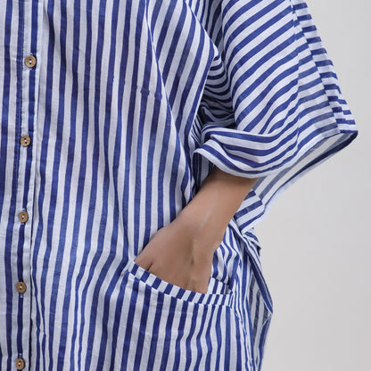 Striped Cotton Blue Kaftan Dress For Ladies