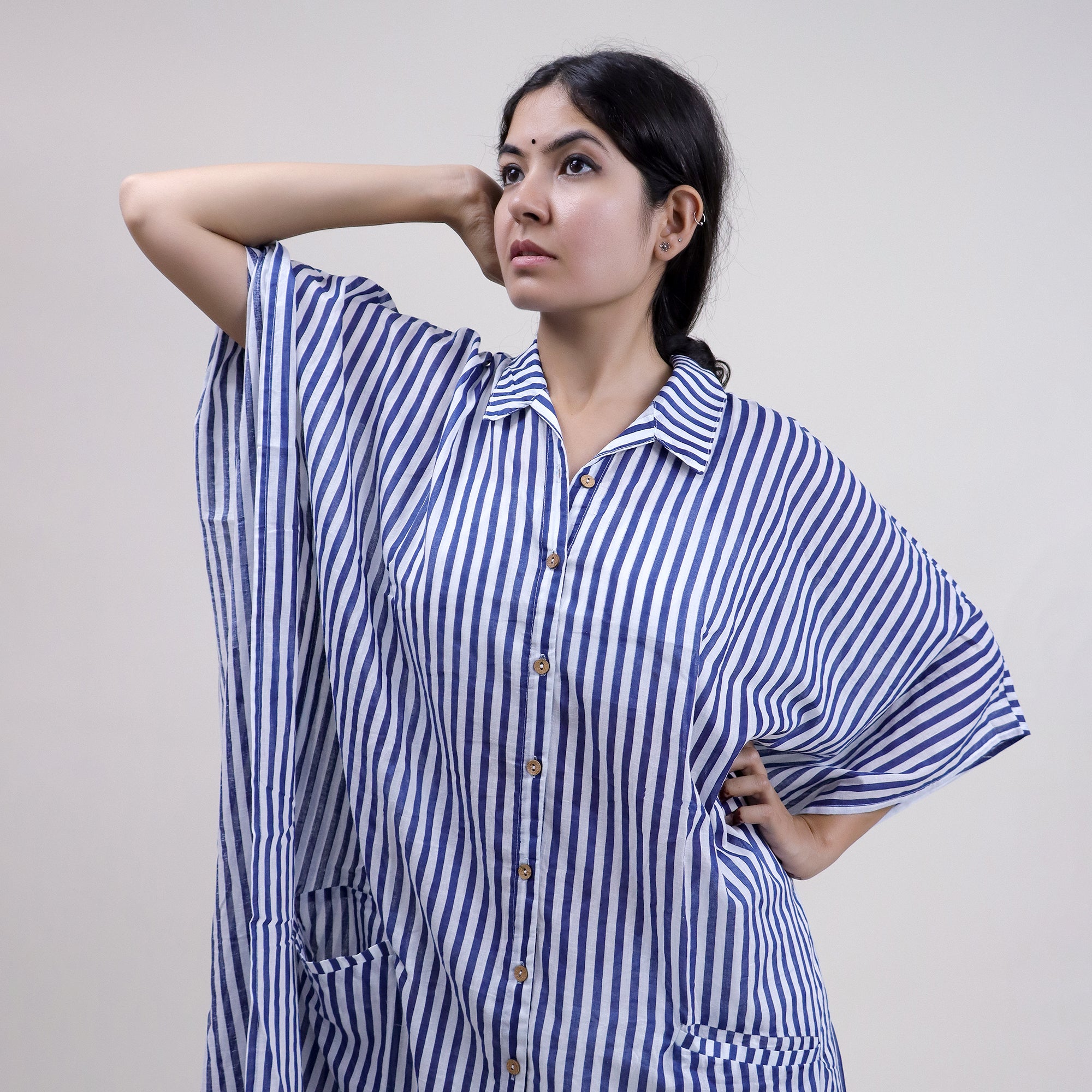 Striped Cotton Blue Kaftan Dress For Ladies