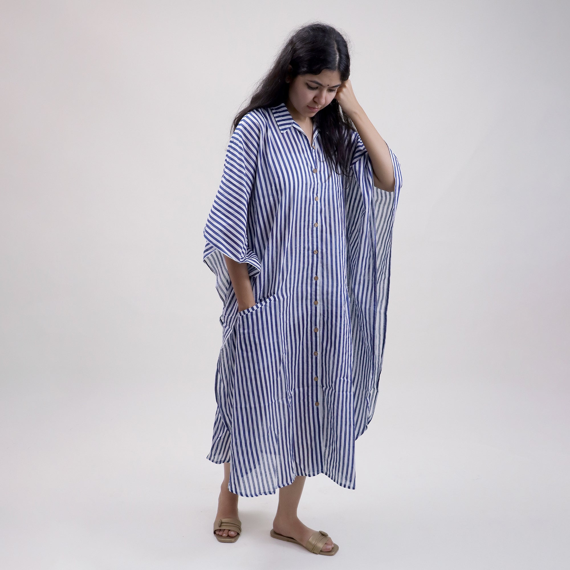 Striped Cotton Blue Kaftan Dress For Ladies