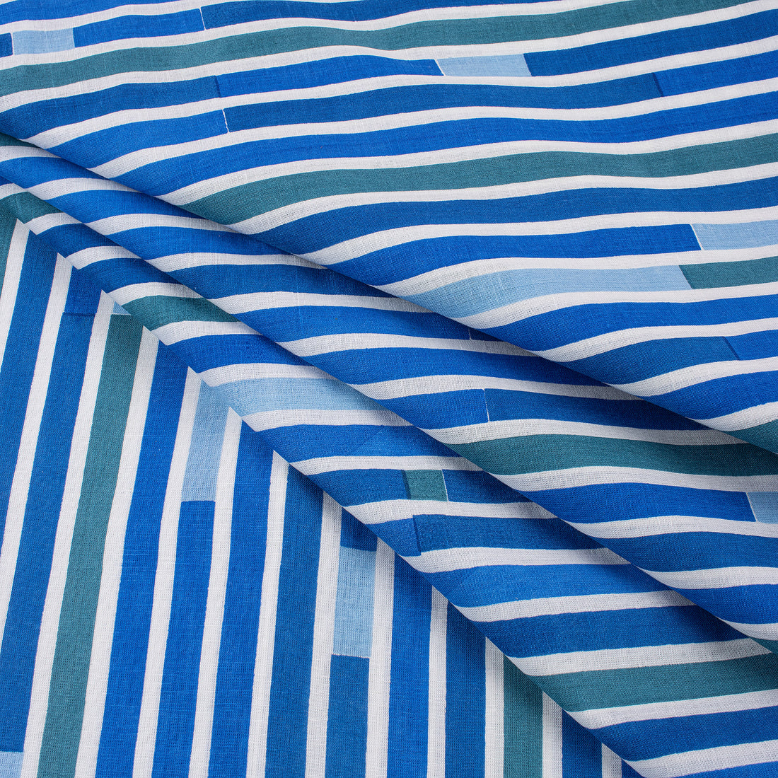 Striped Hand Blocked Jaipuri Print Blue Cotton Indian Fabric