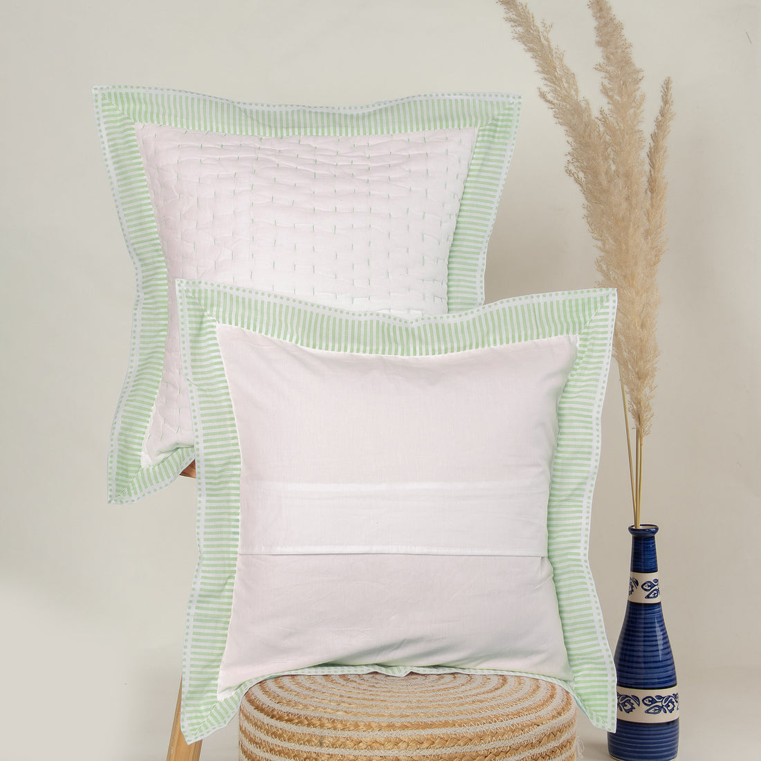 Stylish Hand Made Kantha Stitched Green Stripe Cushion Cover