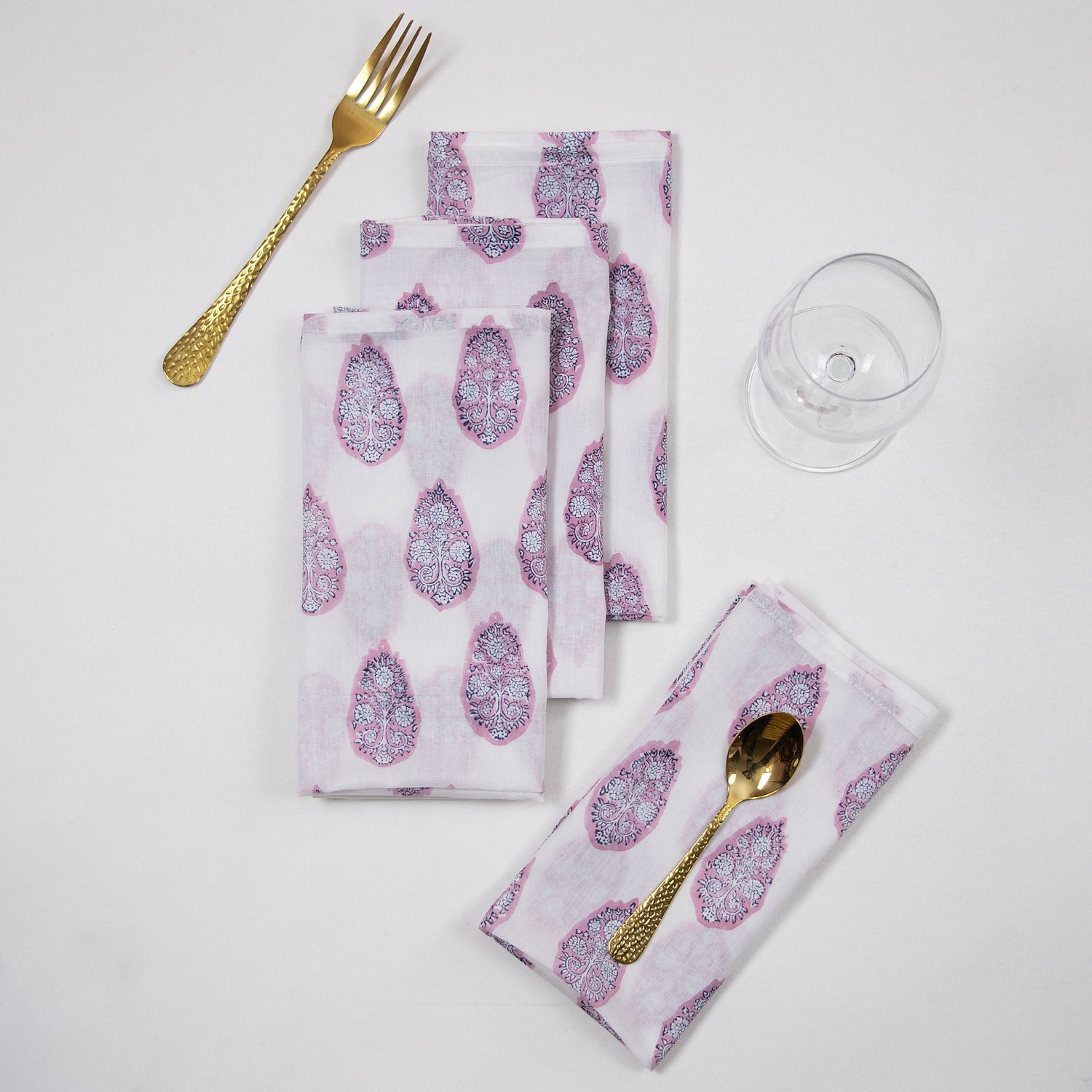 Stylish Pink Boota Hand Printed Cotton Table Napkins