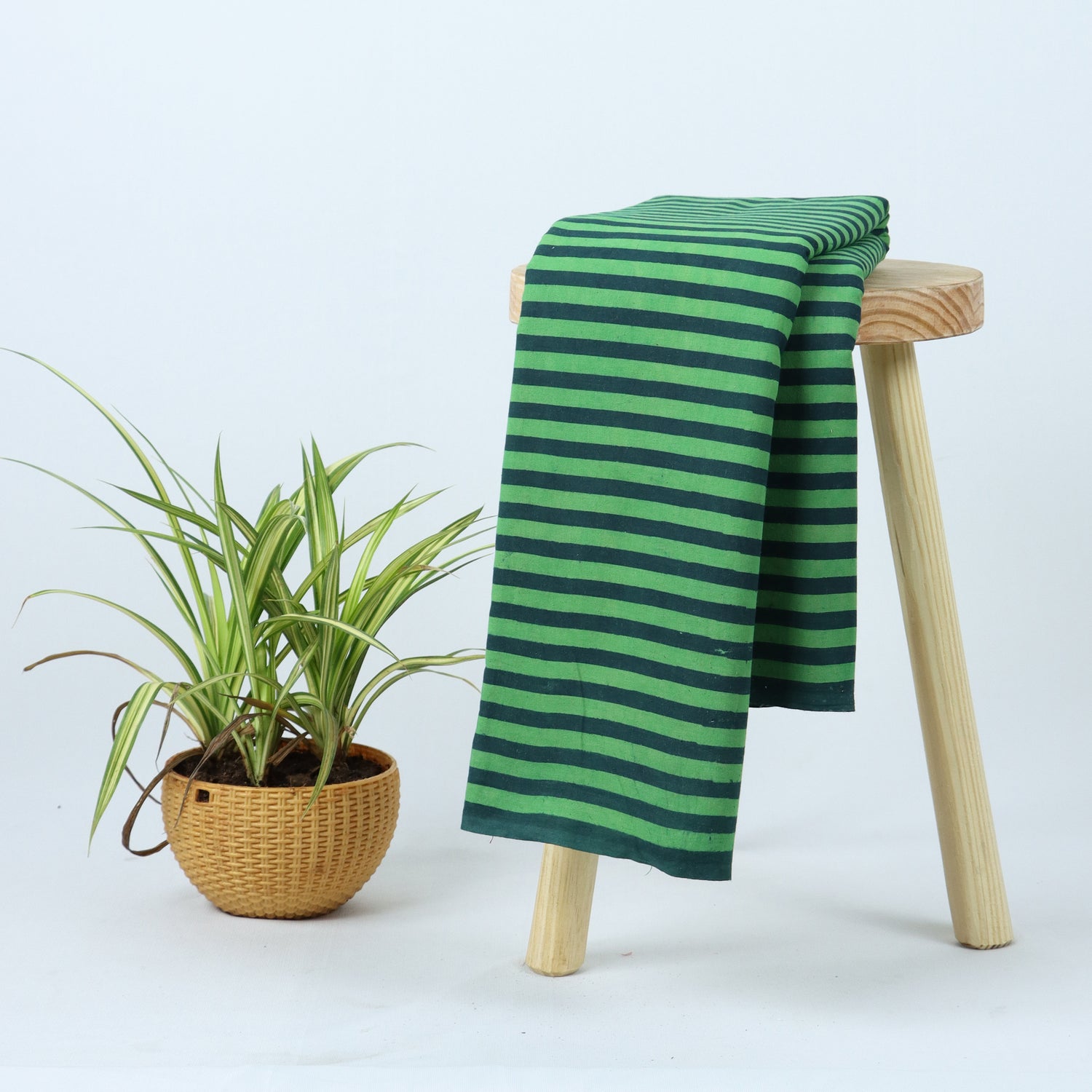 Trendy Dabu Green Striped Indian Hand Block Print Fabric
