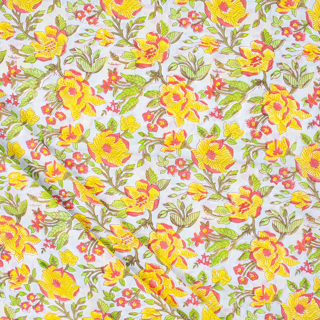 Trendy Yellow Floral Indian Hand Block Print Fabric