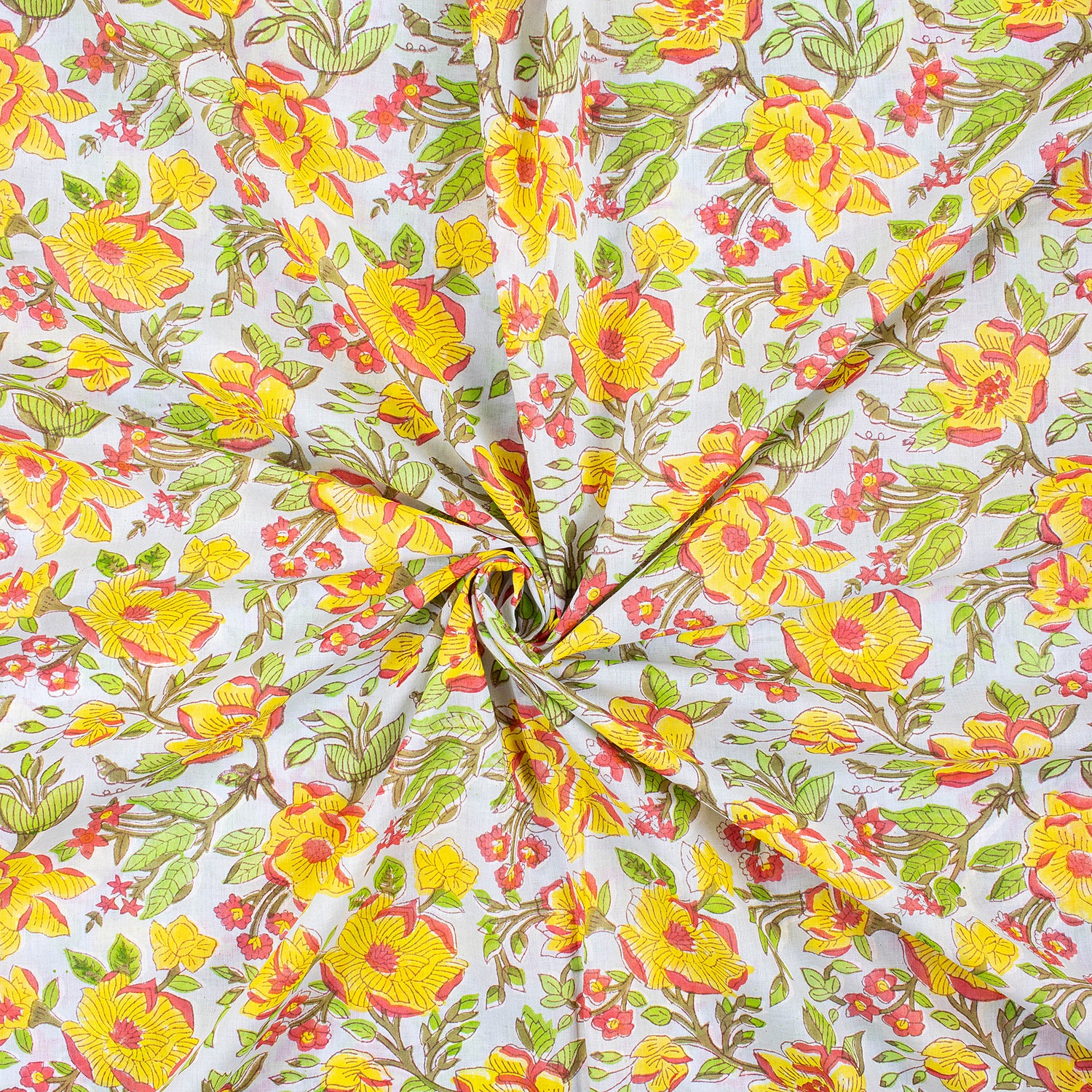 Trendy Yellow Floral Indian Hand Block Print Fabric