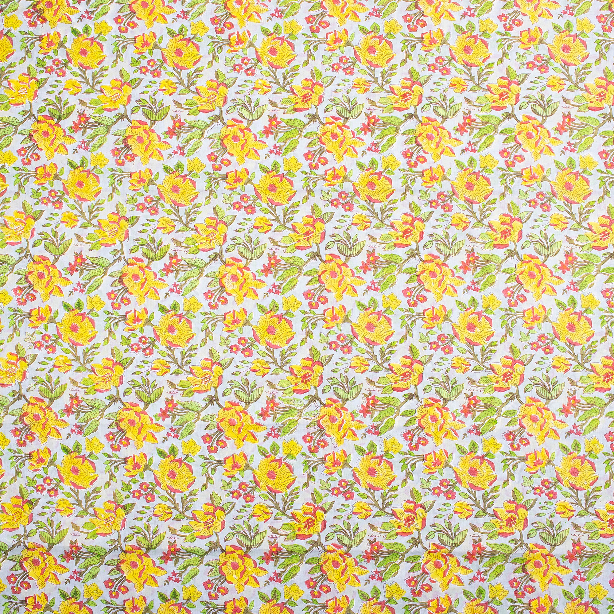 Trendy Yellow Floral Indian Hand Block Print Fabric