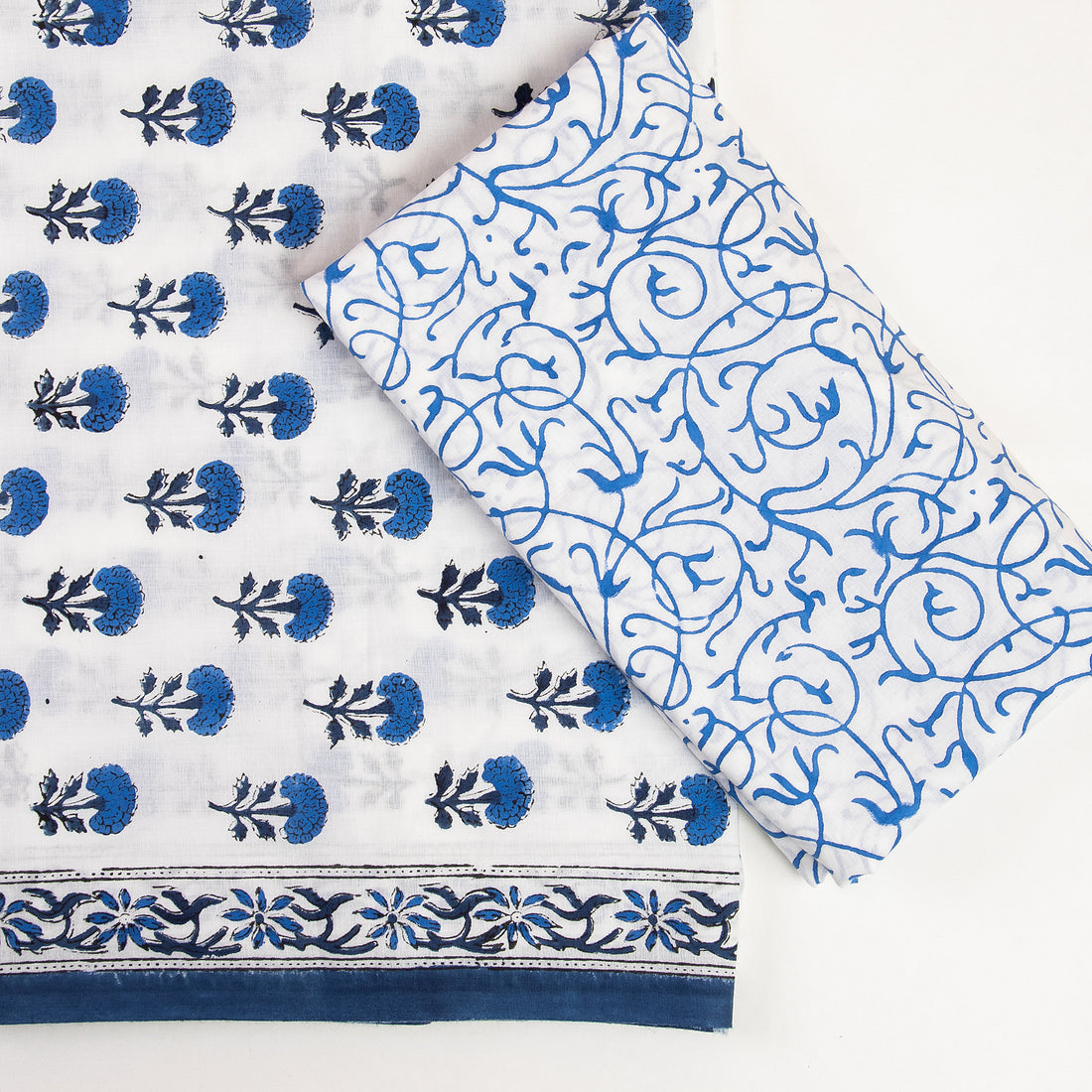 Sky Blue Floral 3 Pcs Dress Hand Block Printed Suits with Kota Doria Dupatta