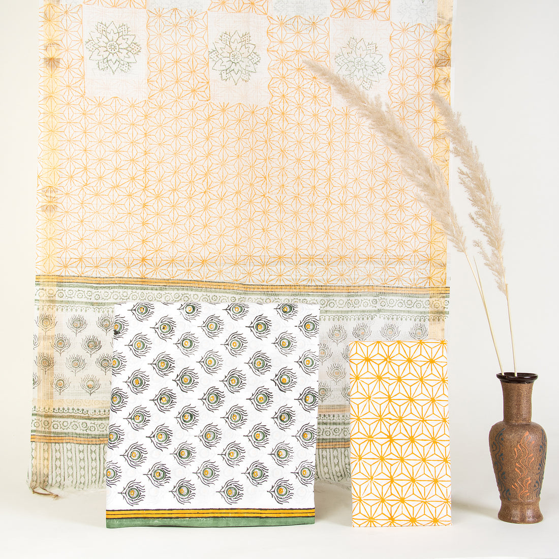 Yellow Floral Hand Block 3 Piece Set for Women Suits with Kota Dupatta
