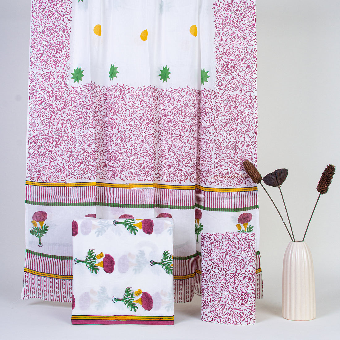 Pink Floral Cotton Suit Sets and Handloom Cotton Dupatta