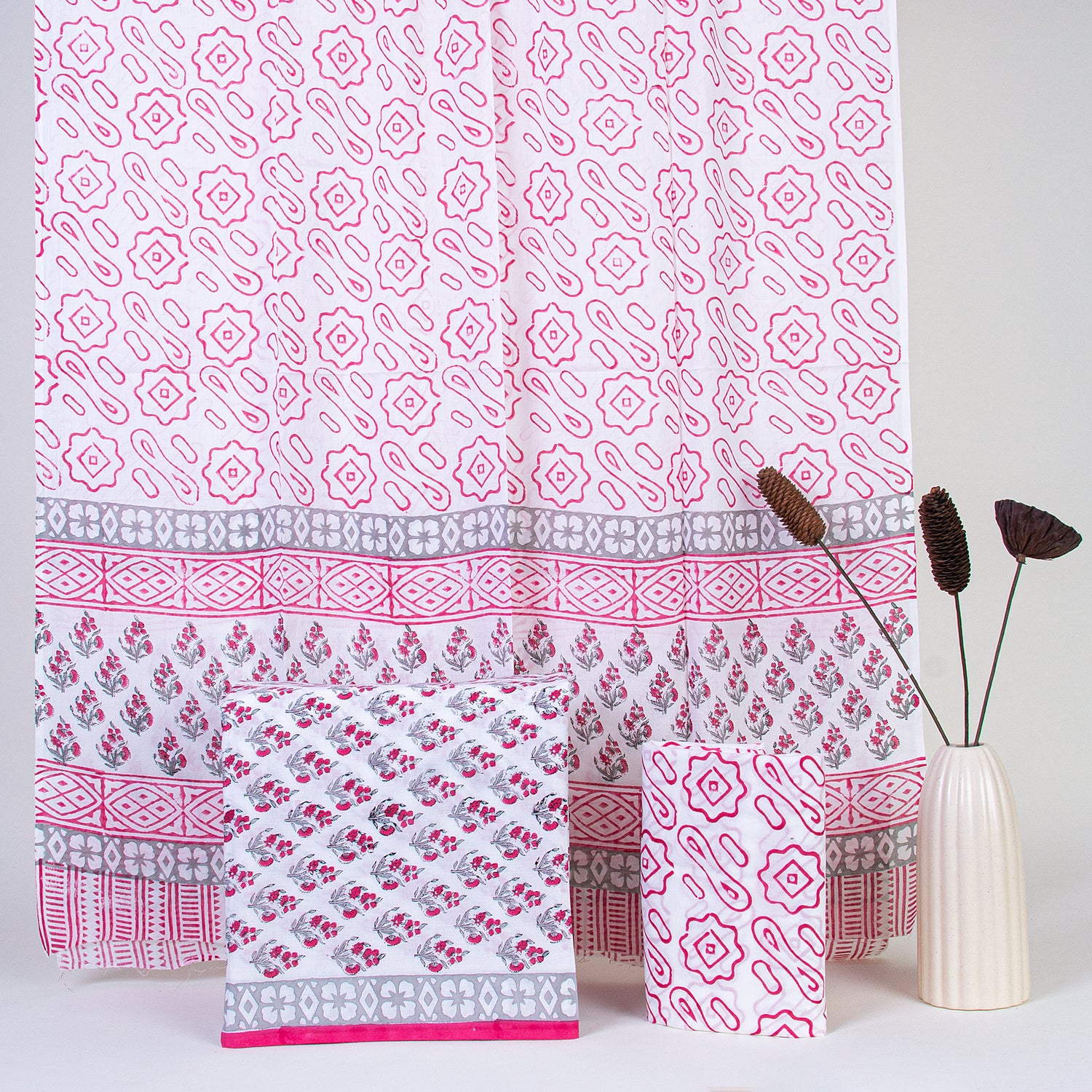 Pink Hand Block Printed Cotton Suits with Cotton Dupatta