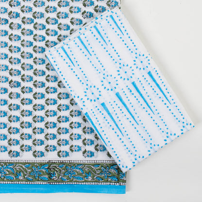 Sky Blue Rangoli Print Three Piece Suit for Women | Cotton Dupatta