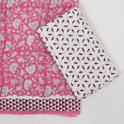 Pink Floral Block Print Suits with Kota Doria Dupatta