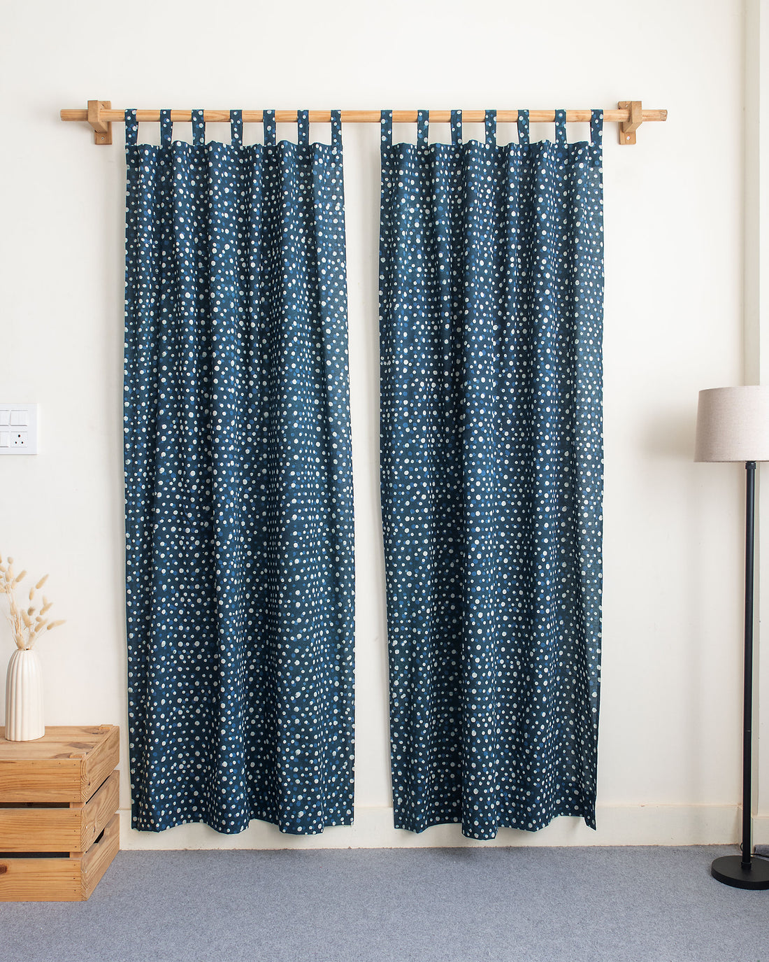 White &amp; Blue Polka Dot Block Print Living Room Curtains