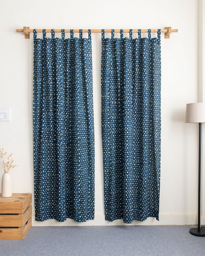 White &amp; Blue Polka Dot Block Print Living Room Curtains