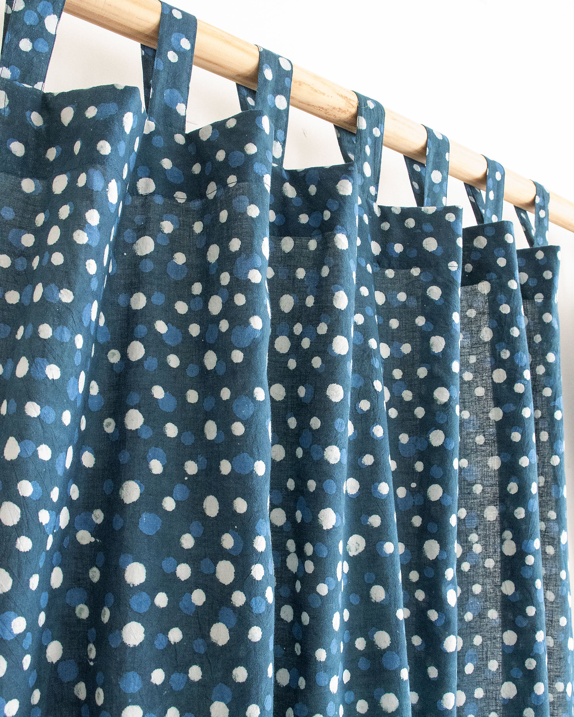 White &amp; Blue Polka Dot Block Print Living Room Curtains