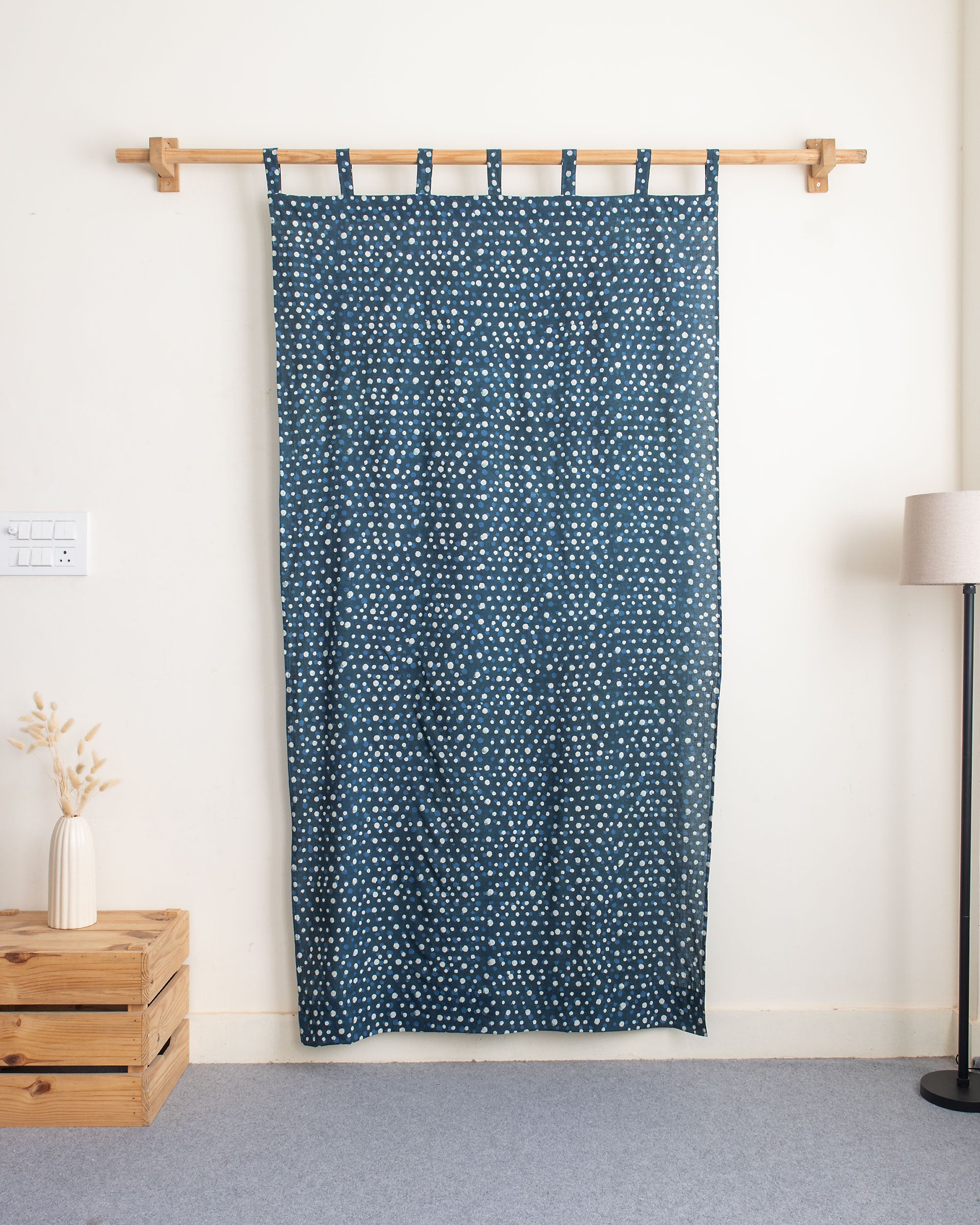 White &amp; Blue Polka Dot Block Print Living Room Curtains