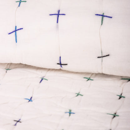 White Decorative Hand Stitched Cotton Kantha Quilt Blanket
