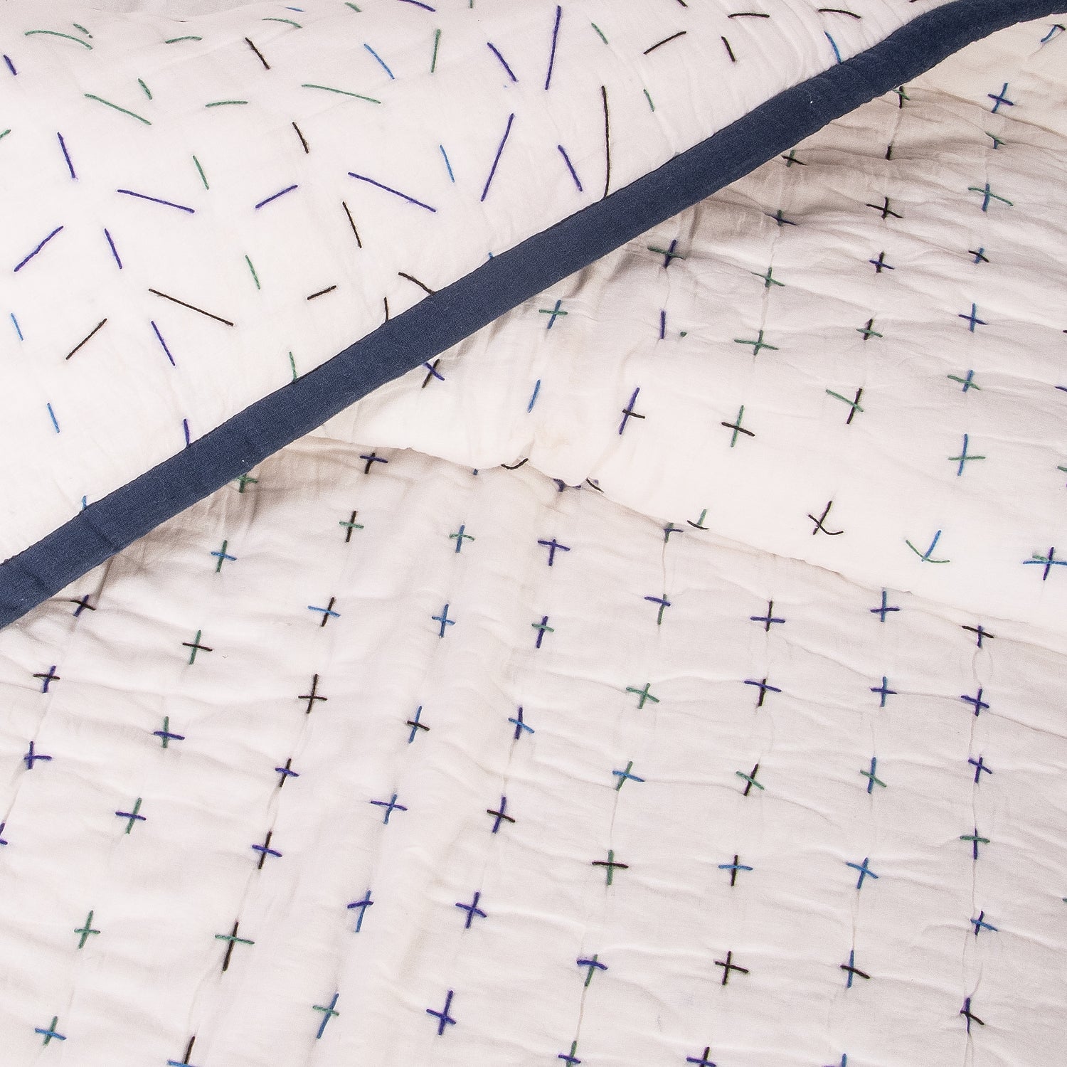 White Decorative Hand Stitched Cotton Kantha Quilt Blanket