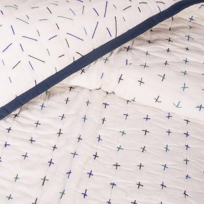 White Decorative Hand Stitched Cotton Kantha Quilt Blanket