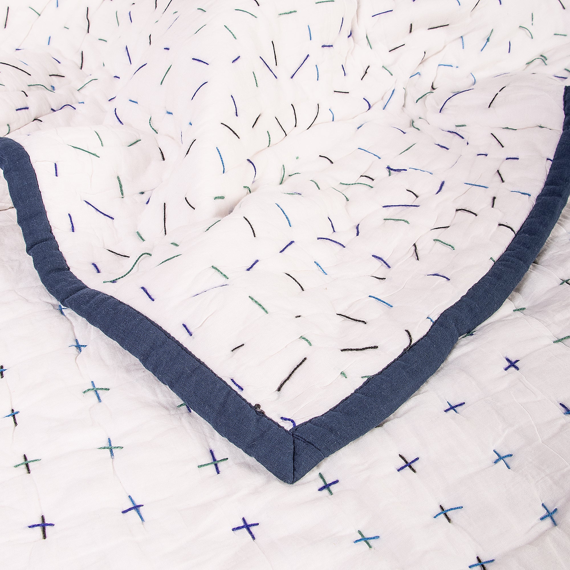 White Decorative Hand Stitched Cotton Kantha Quilt Blanket