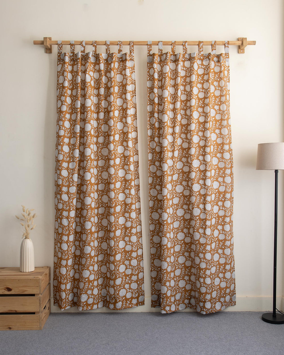 White Floral Block Printed Cotton Curtains