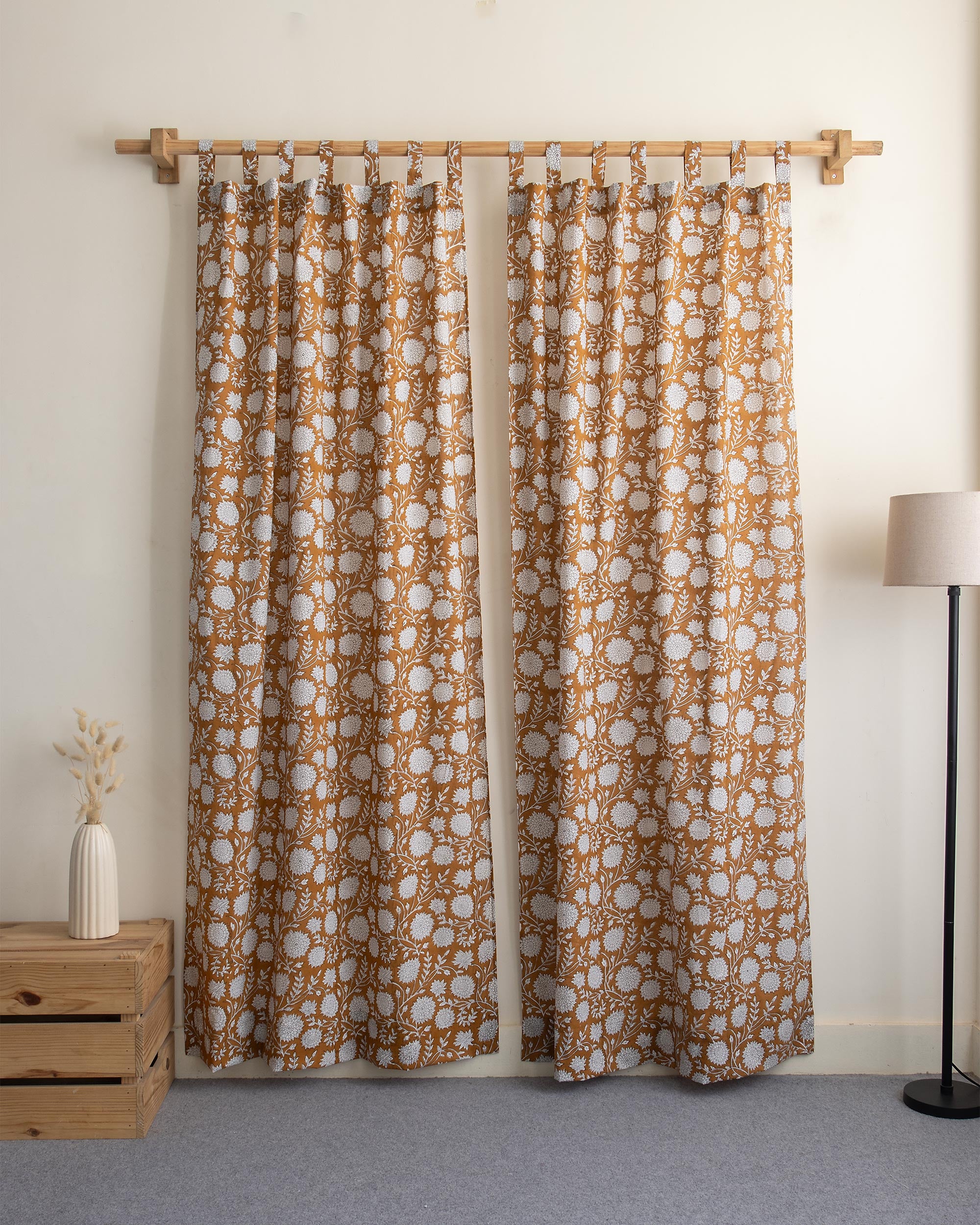 White Floral Block Printed Cotton Curtains