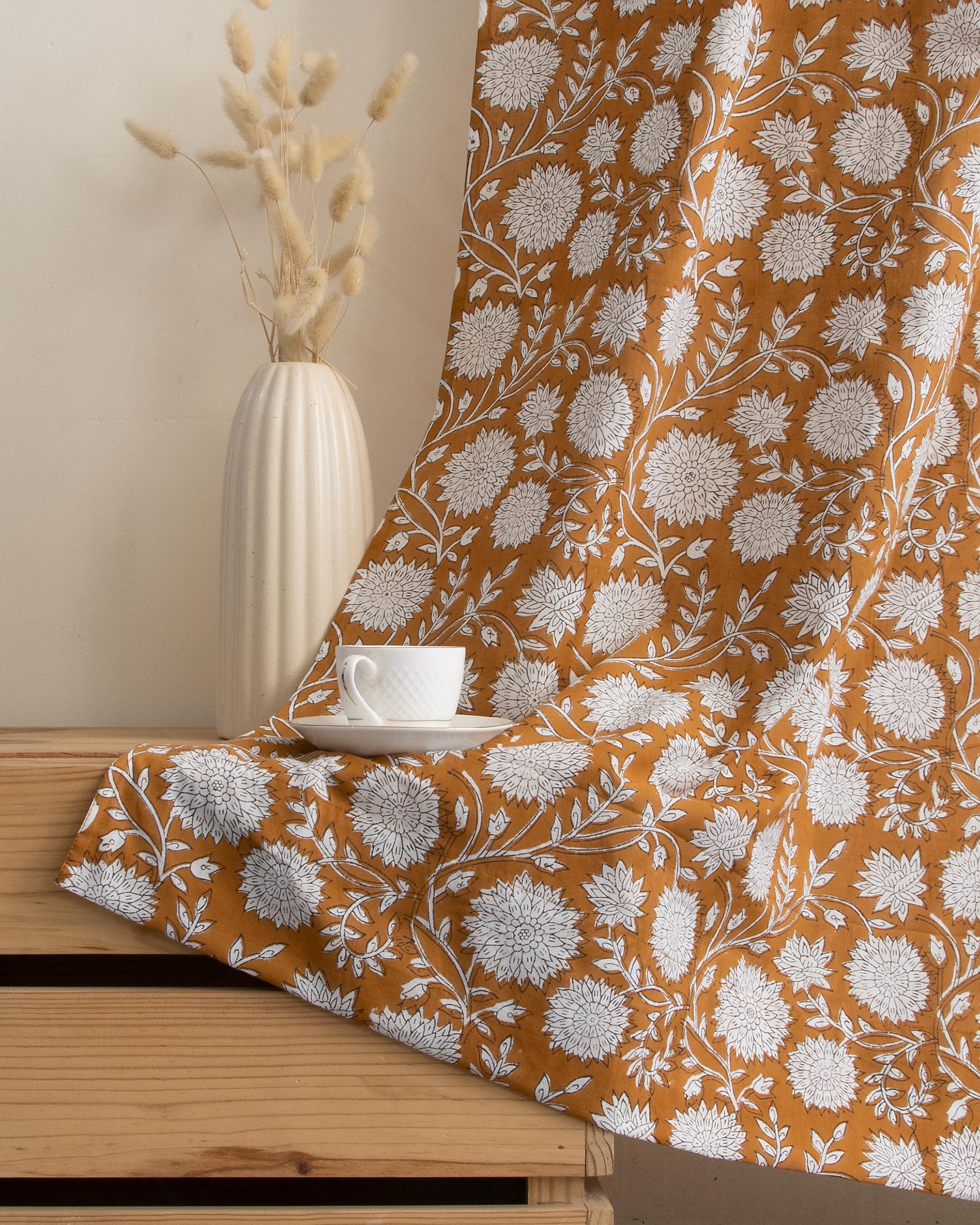 White Floral Block Printed Cotton Curtains