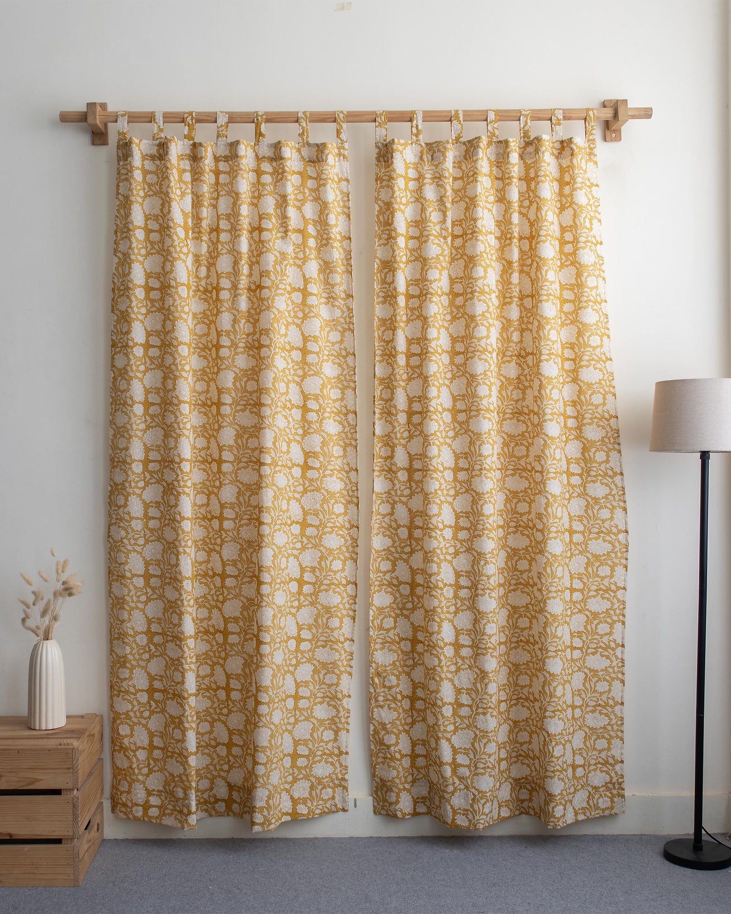 White Floral Block Printed Pure Cotton Curtain in India