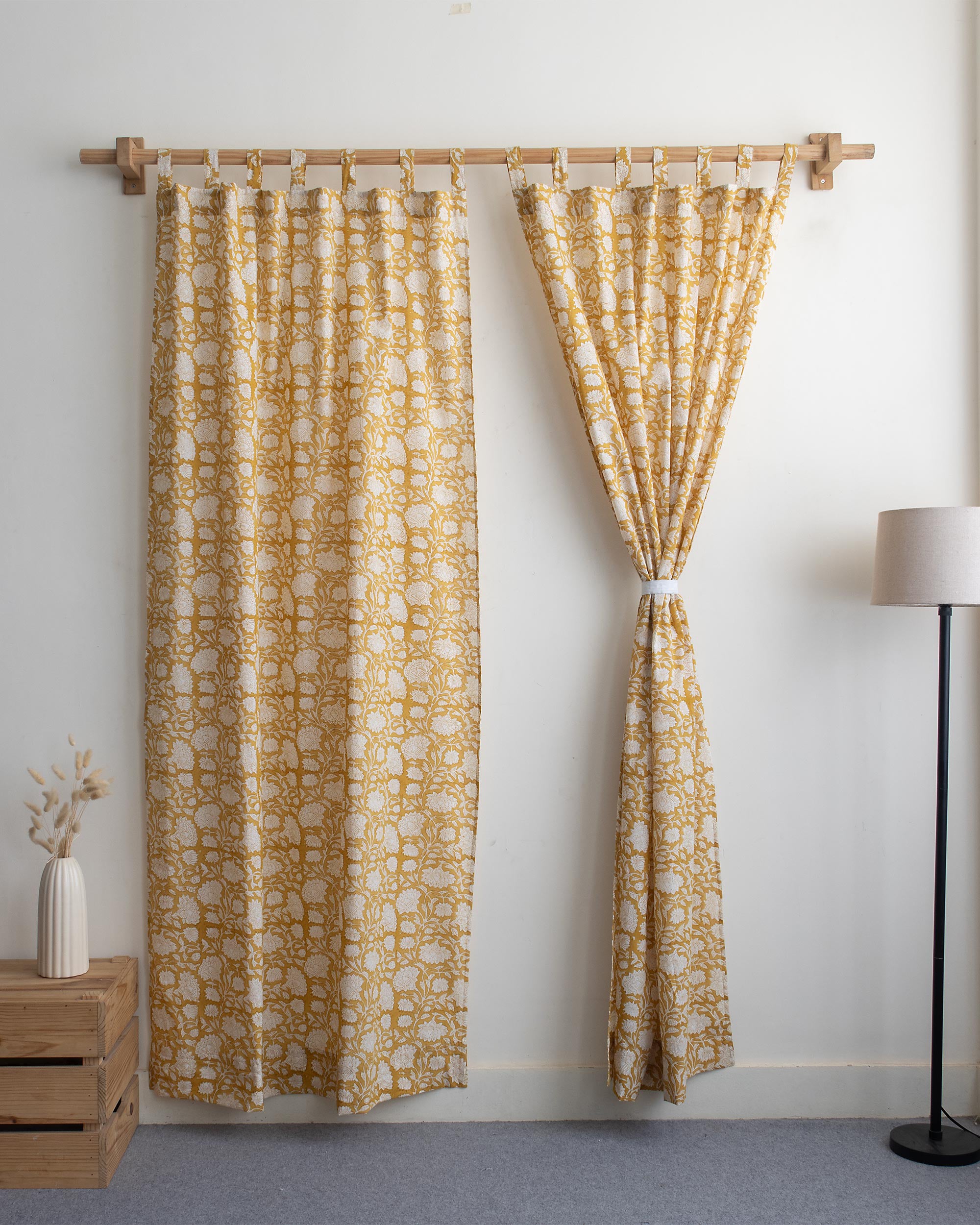 White Floral Block Printed Pure Cotton Curtain in India