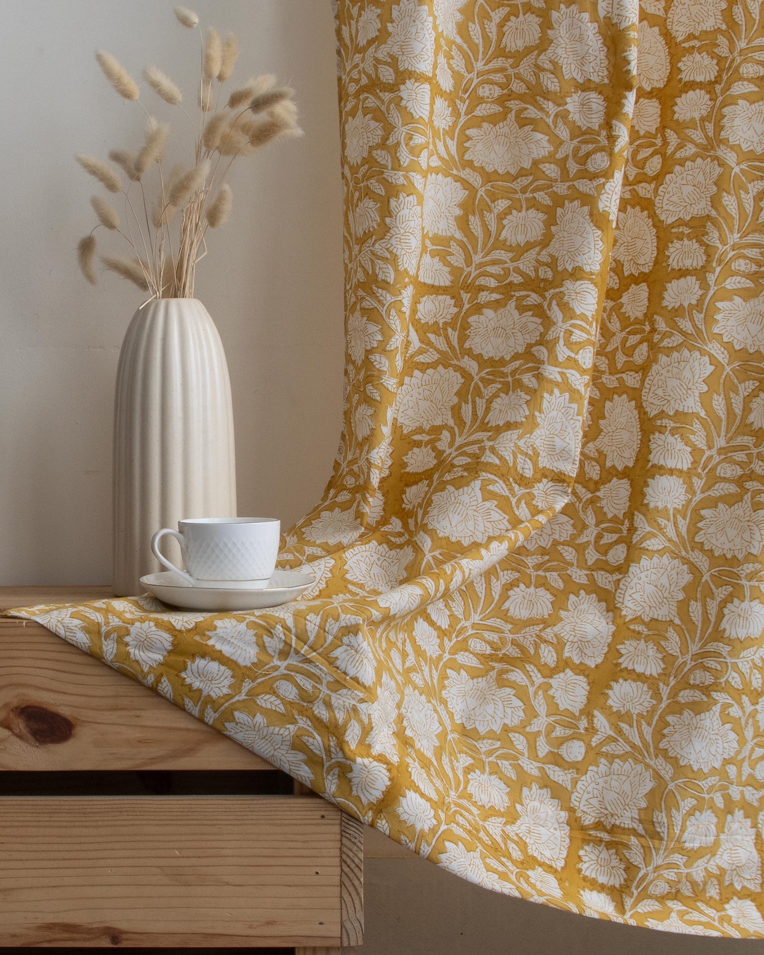 White Floral Block Printed Pure Cotton Curtain in India