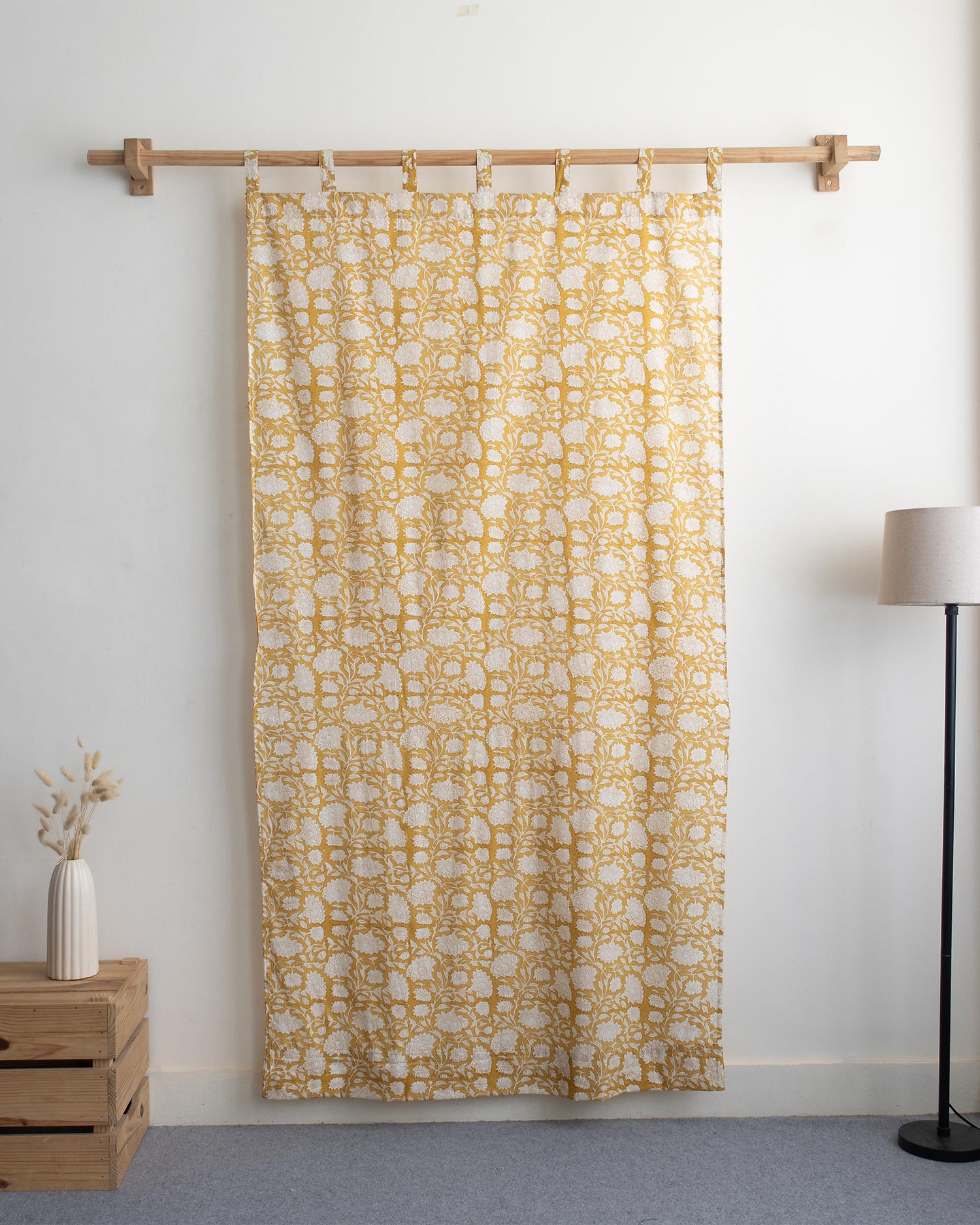 White Floral Block Printed Pure Cotton Curtain in India