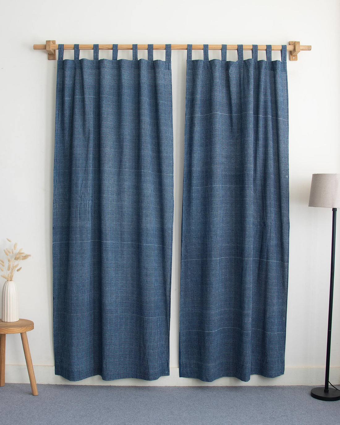 White Gingham Check Block Printed Cotton Curtains