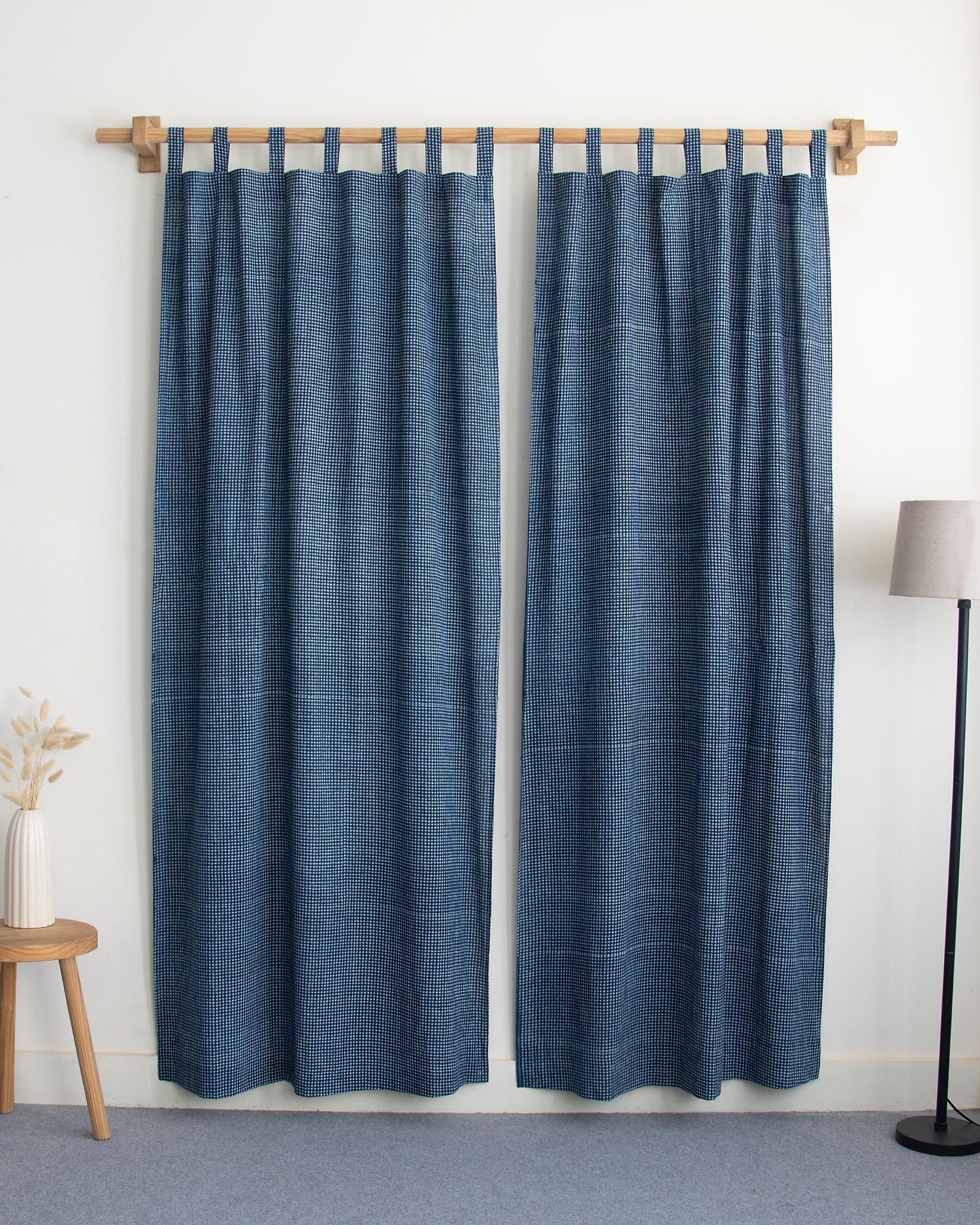 White Gingham Check Block Printed Cotton Curtains
