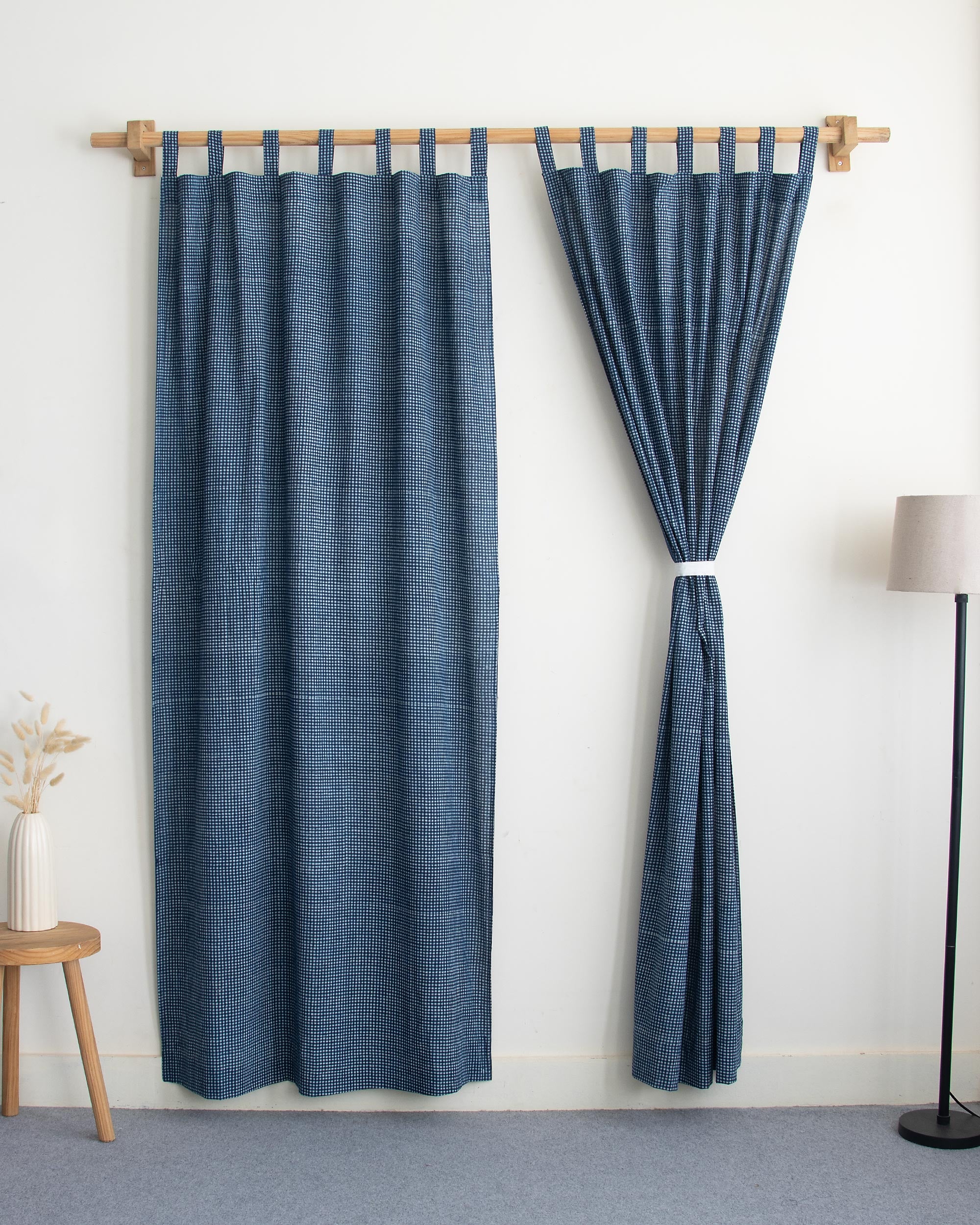 White Gingham Check Block Printed Cotton Curtains