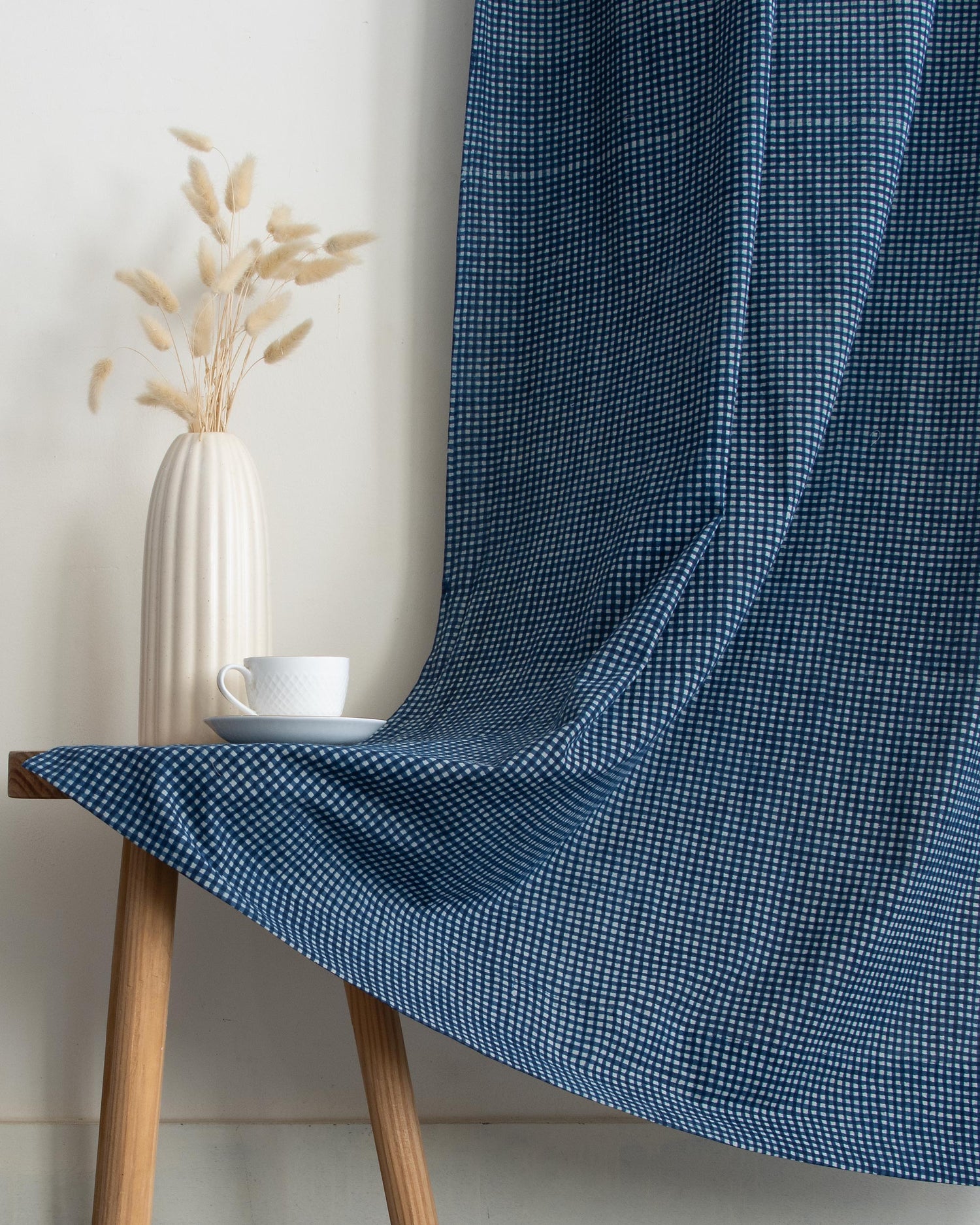White Gingham Check Block Printed Cotton Curtains