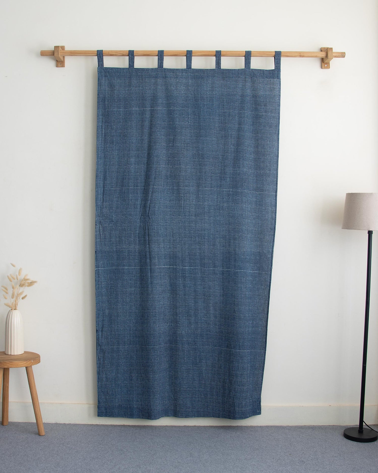 White Gingham Check Block Printed Cotton Curtains