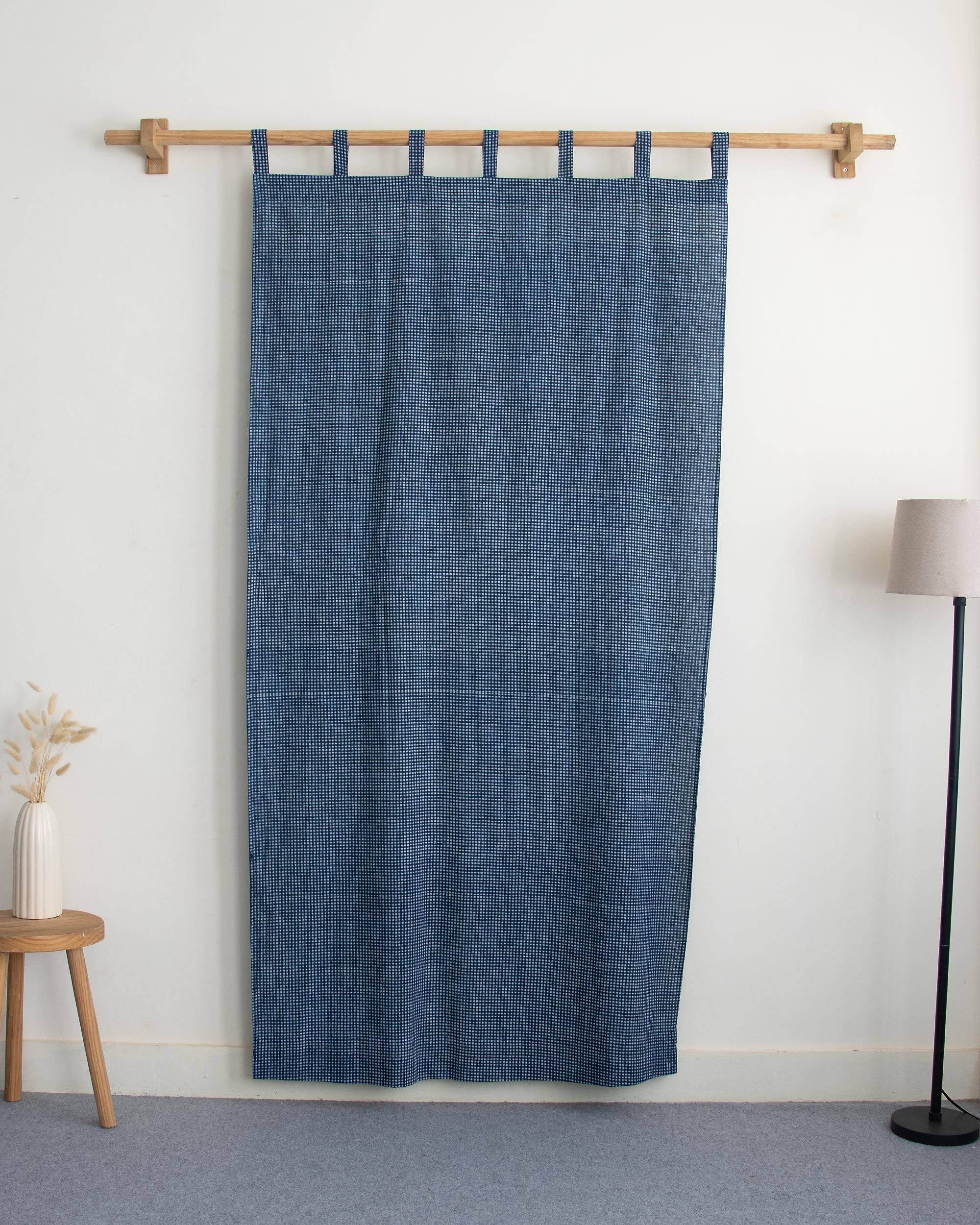 White Gingham Check Block Printed Cotton Curtains