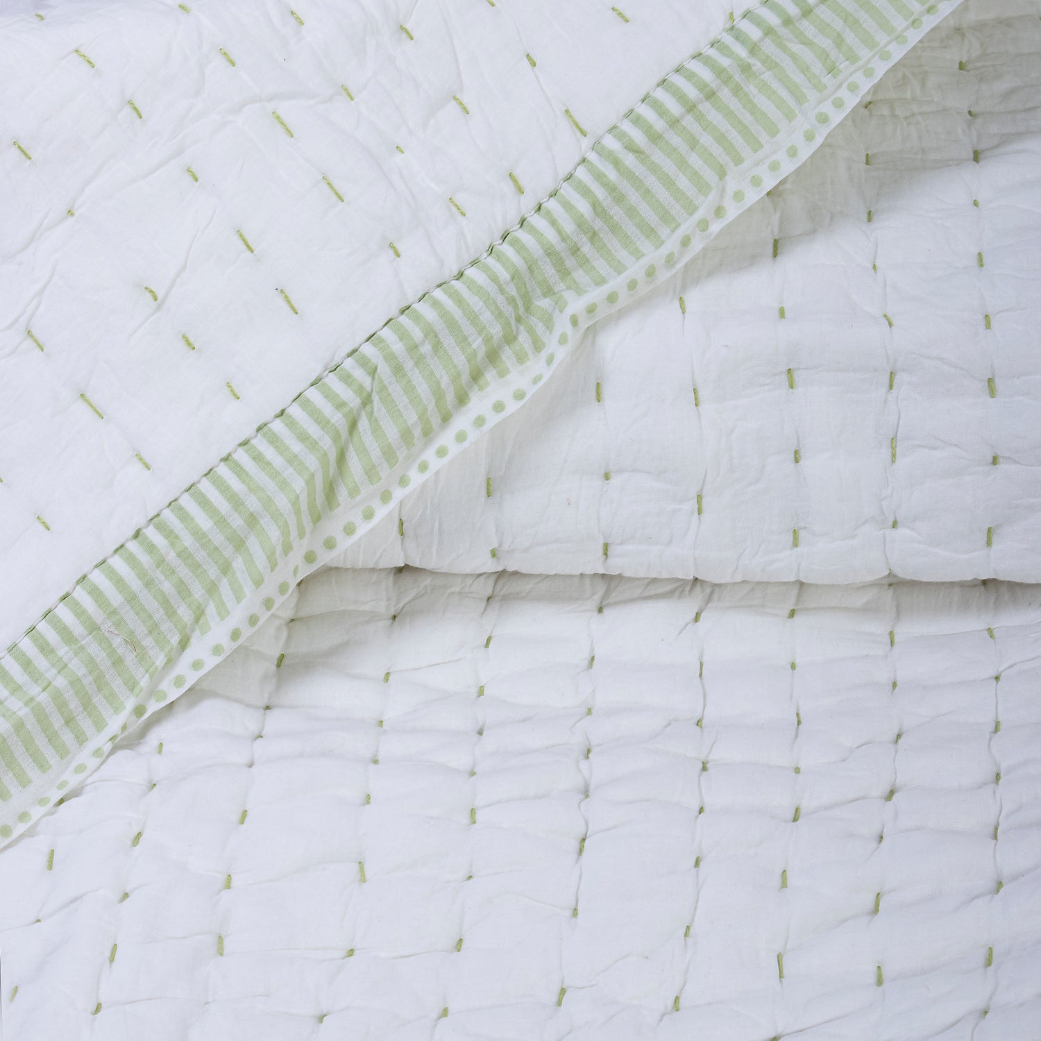 White Hand Stitched Indian Cotton Kantha Quilt Blanket