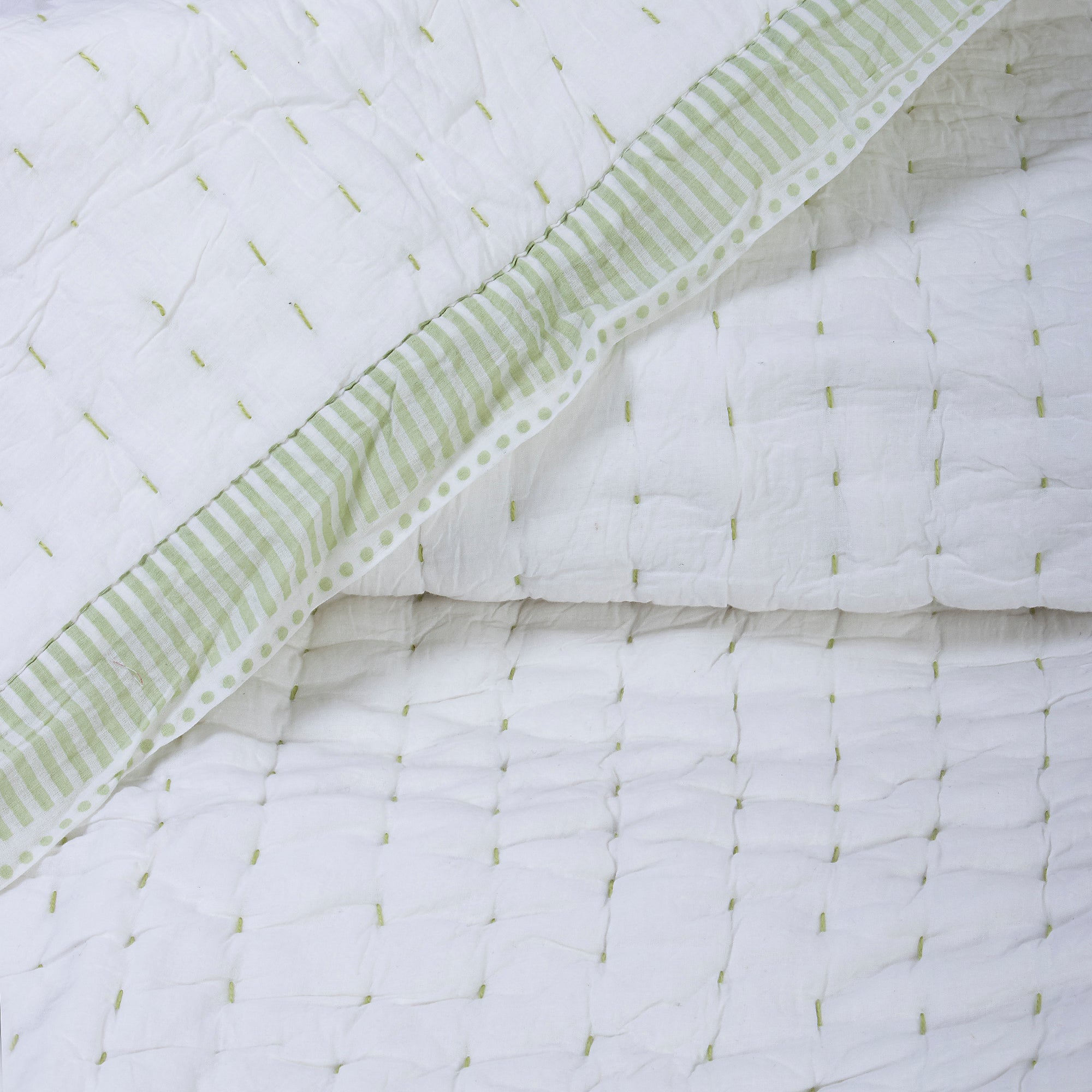 White Hand Stitched Indian Cotton Kantha Quilt Blanket