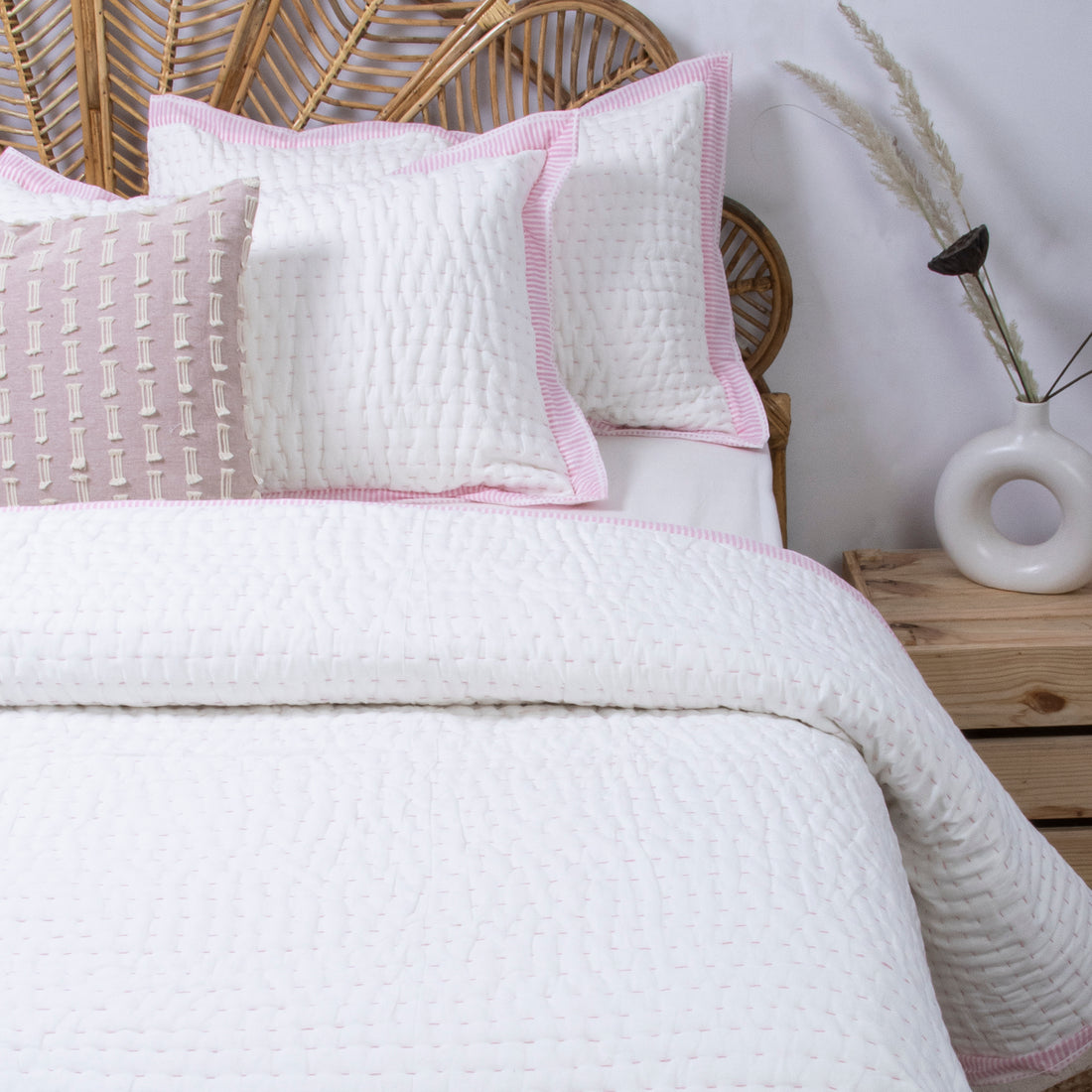 White Pure Cotton Indian Stitched Kantha Quilt Blanket